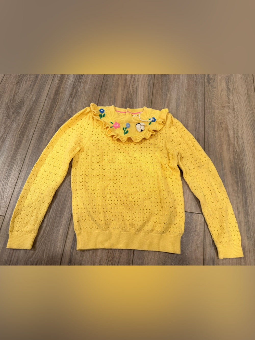 Mini Boden Bright Yellow Ruffle Neck Sweater with Floral Embroidery